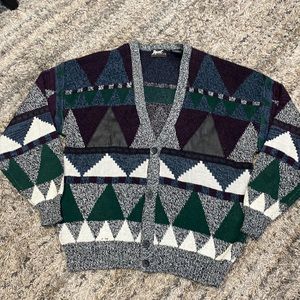 Vintage Impact men’s cardigan, printed sweater with leather detail, size large